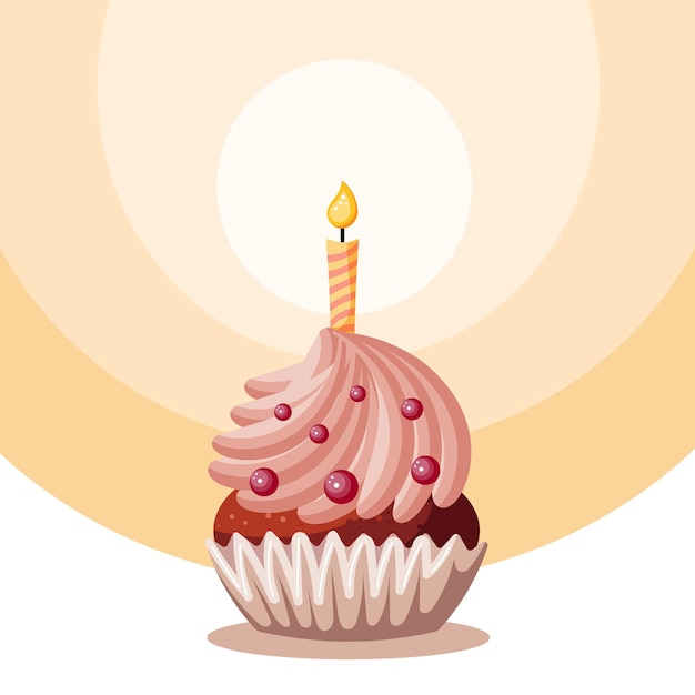 Festive cupcake with berries and a candle on candlelight. Happy birthday illustration, vector