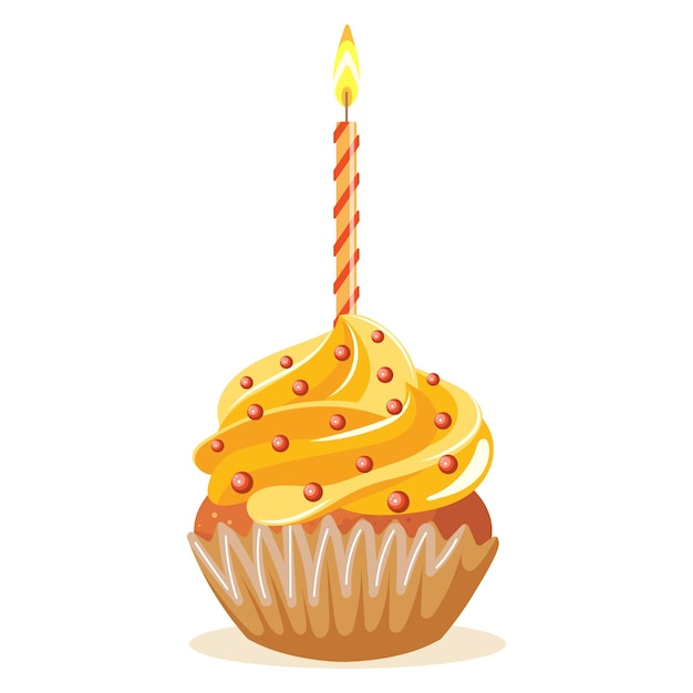 Festive cupcake with candles, cupcake with cream. Happy birthday card, vector