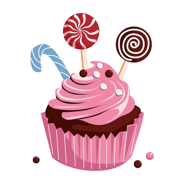 Festive cupcake with pink cream and sweets Hand drawn illustration Isolated on white background