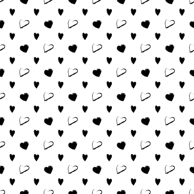 Festive decoration for Valentine Day. Cute simple line print. Seamless black and white pattern with hand drawn hearts. Vector flat illustration for wrapping paper, textile and design