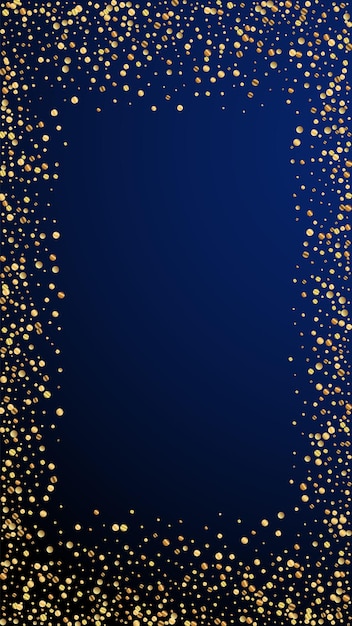 Festive delightful confetti. Celebration stars. Gold confetti on dark blue background. Graceful festive overlay template. Vertical vector background.