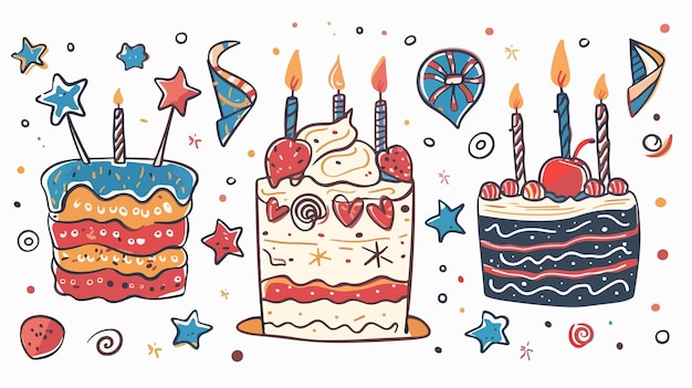 Festive Doodle Birthday Cake with Sweet Cream and Candle Celebration