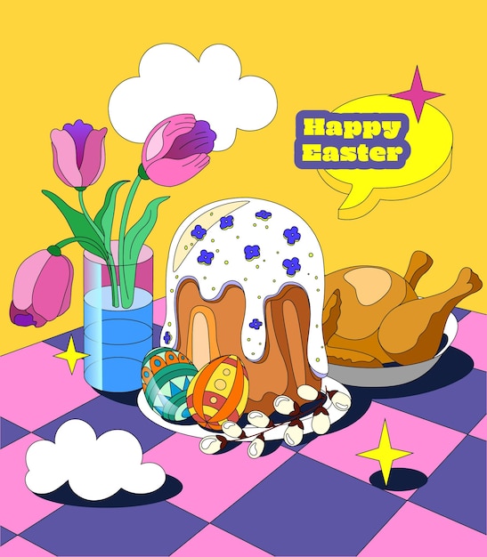 Festive Easter table with appetizing chicken and a vase of tulips On a geometric background