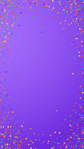 Festive fair confetti. Celebration stars. Rainbow bright stars on violet background. Favorable festive overlay template. Vertical vector background.