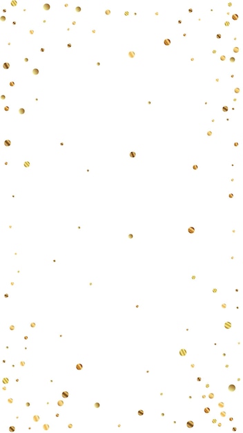 Festive fine confetti. Celebration stars. Sparse gold confetti on white background. Fascinating festive overlay template. Vertical vector background.