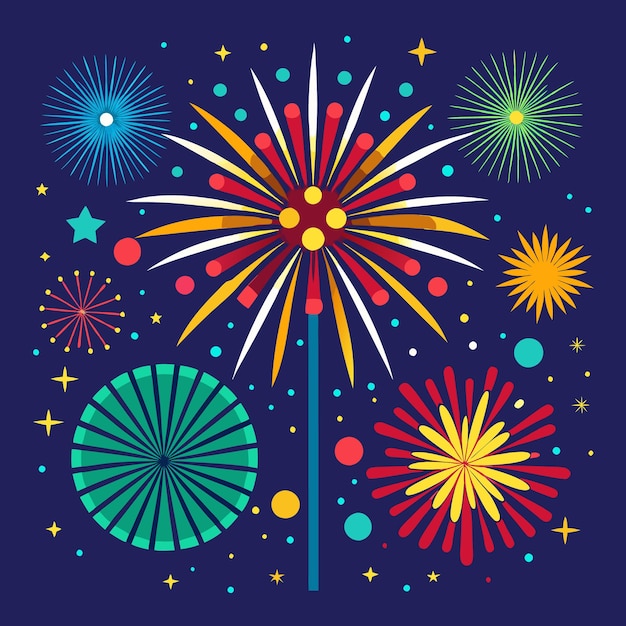 Vector festive firework display with stars and colorful bursts on a dark blue background