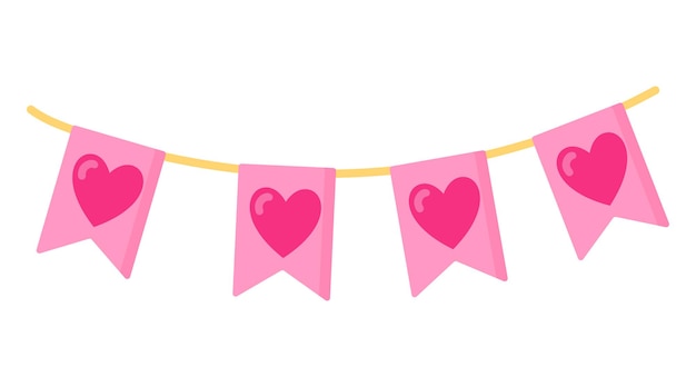 Festive garland of flags with hearts. Wedding and valentine day concept.