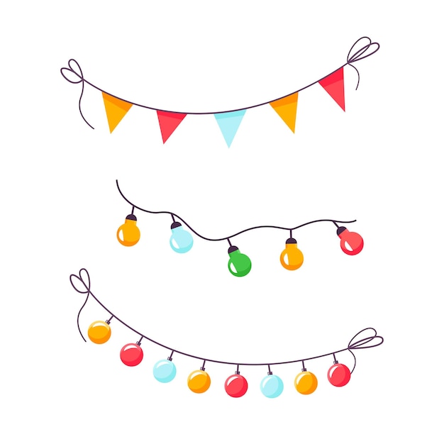 Festive garlands. Buntings and Garlands. Bunting flags. Set of multicolored flat buntings garlands flags with ornament isolated on white background vector illustration