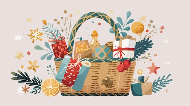 Vector festive gift basket with christmas products and decorations on light background