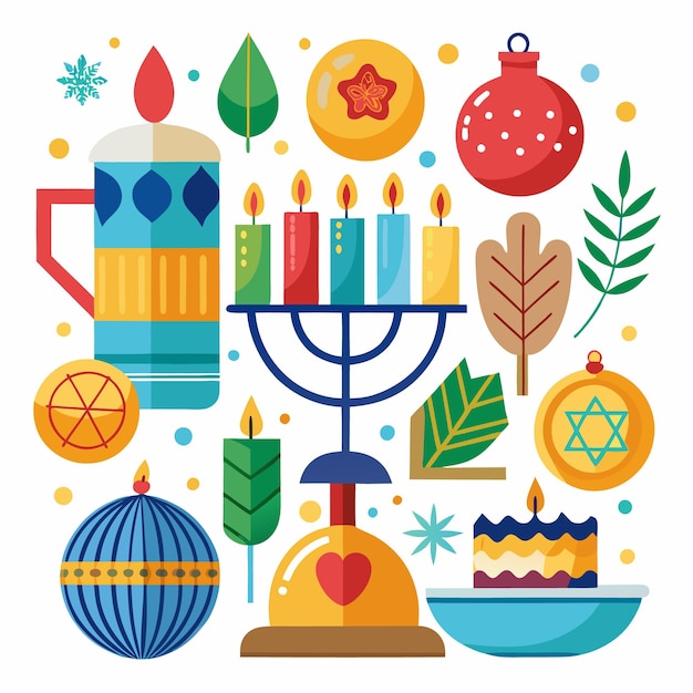 Festive Hanukkah celebration with menorah dreidel candles and a latke