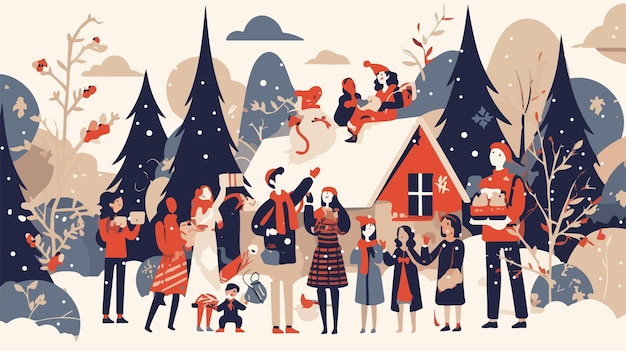 Vector festive holiday celebration with people merry christmas illustration