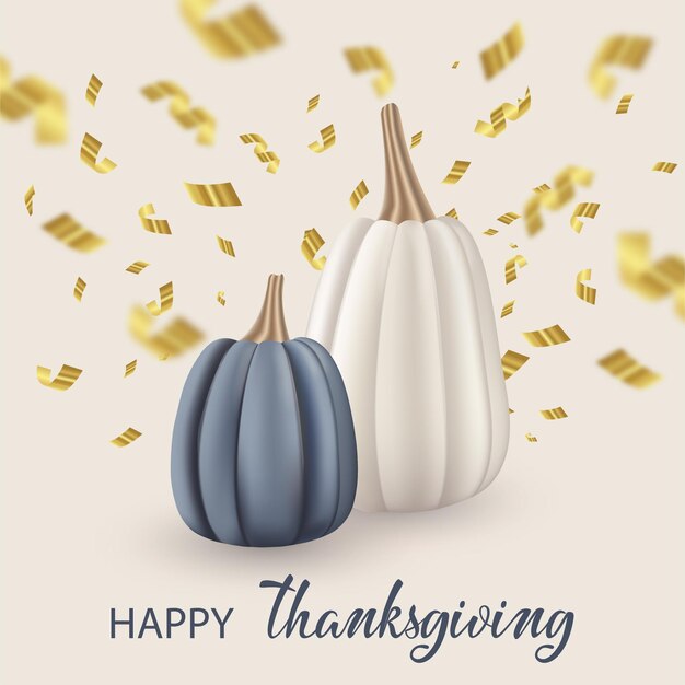 Vector festive holiday thanksgiving day background. blue and beige pumpkins, gold confetti.