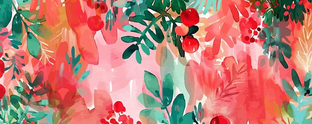 Vector festive holiday watercolor background with bright reds and greens flat vector illustration