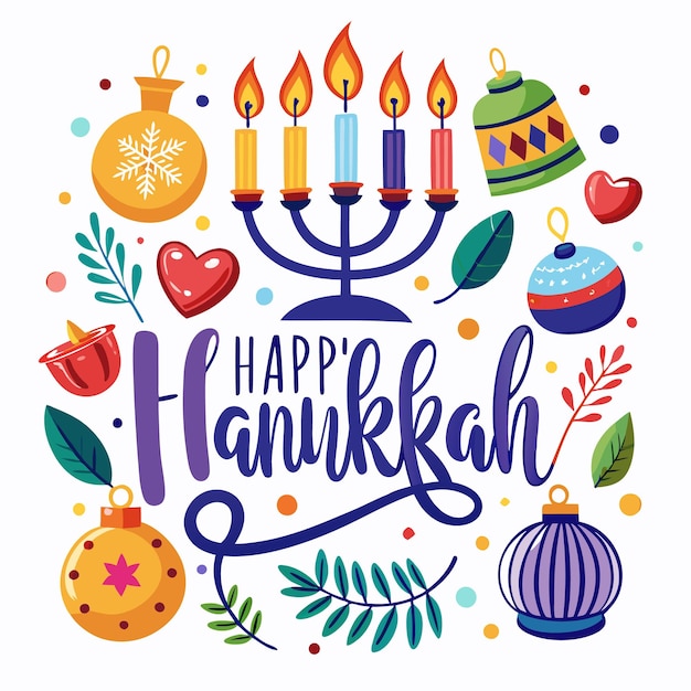 Vector festive illustration of happy hanukkah with a menorah candles ornaments and stars