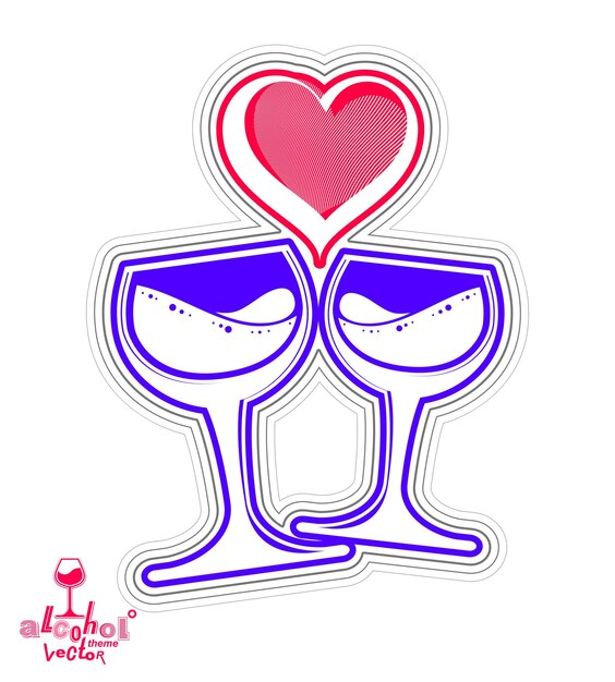 Vector festive illustration of wineglasses with elegant loving heart. wedding couple concept – stylized goblets of wine. graphic and web design stylized elements.