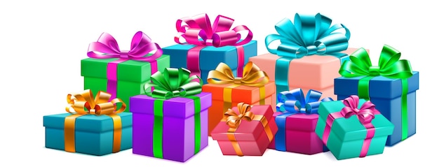 Festive illustration with bunch of colored gift boxes with ribbons and bows