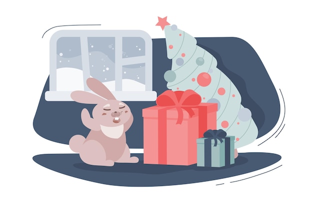 Festive illustration with surprised little rabbit  happy with gifts near the Christmas tree.