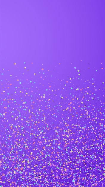 Festive interesting confetti Celebration stars Colorful stars small on violet background Graceful festive overlay template Vertical vector background