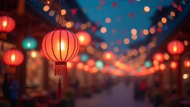 Vector festive lanterns and bunting at night