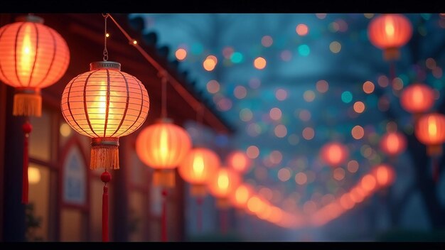 Vector festive lanterns and bunting at night