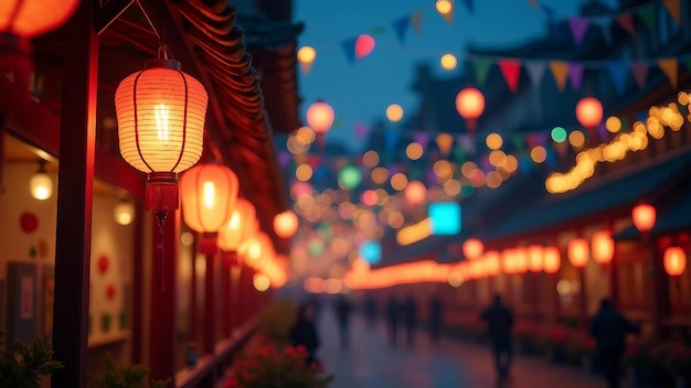 Vector festive lanterns and bunting at night