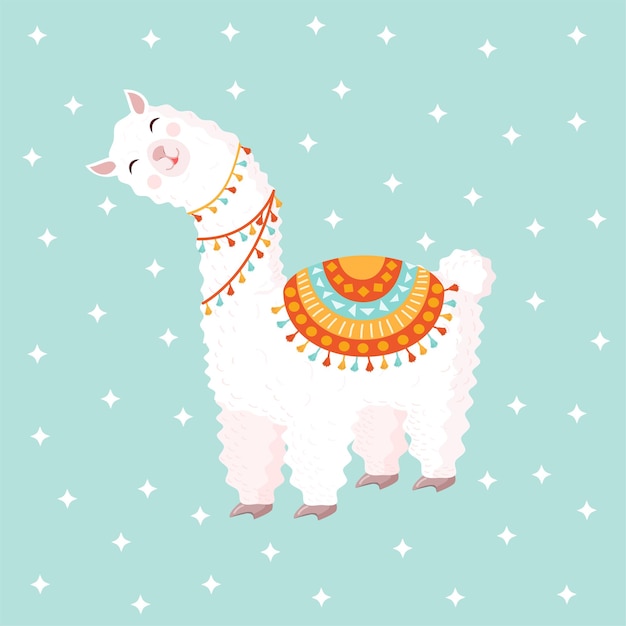 Festive llama or alpaca on a blue background with stars Vector illustration for baby texture textile fabric poster greeting card decor Character design