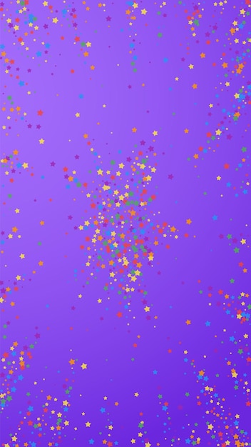 Festive marvelous confetti. Celebration stars. Rainbow bright stars on violet background. Flawless festive overlay template. Vertical vector background.