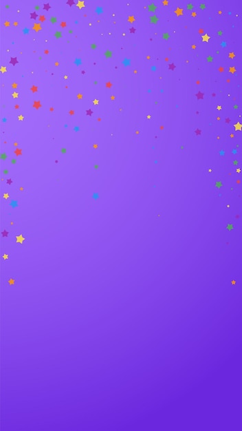 Festive mind-blowing confetti. Celebration stars. Joyous stars on violet background. Gorgeous festive overlay template. Vertical vector background.