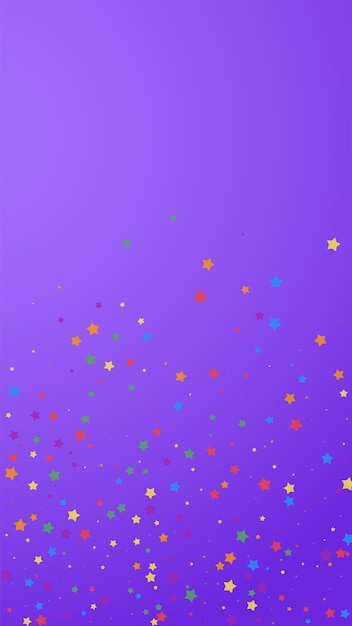 Festive modern confetti. Celebration stars. Joyous stars on violet background. Graceful festive overlay template. Vertical vector background.