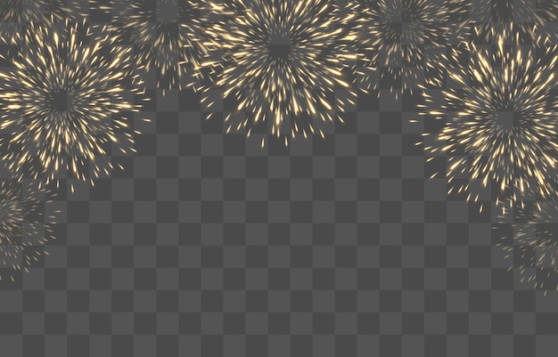 Festive New Year's Eve fireworks with brightly shining sparks, vector isolated on png background