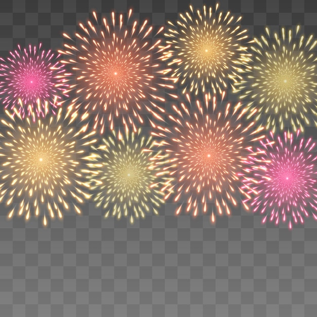 Festive New Year's Eve fireworks with brightly shining sparks, vector isolated on png