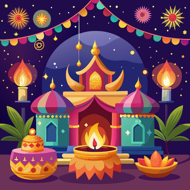 Vector festive night scene with colorful buildings candles and flames