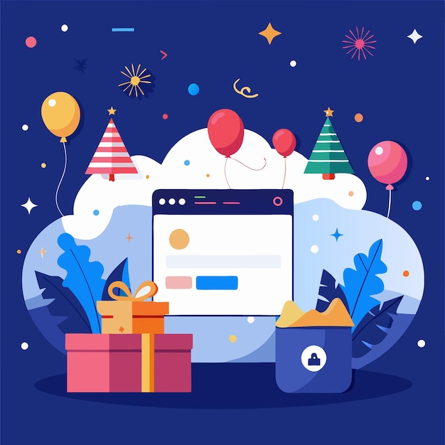 Festive online shopping concept with website gift box and balloons