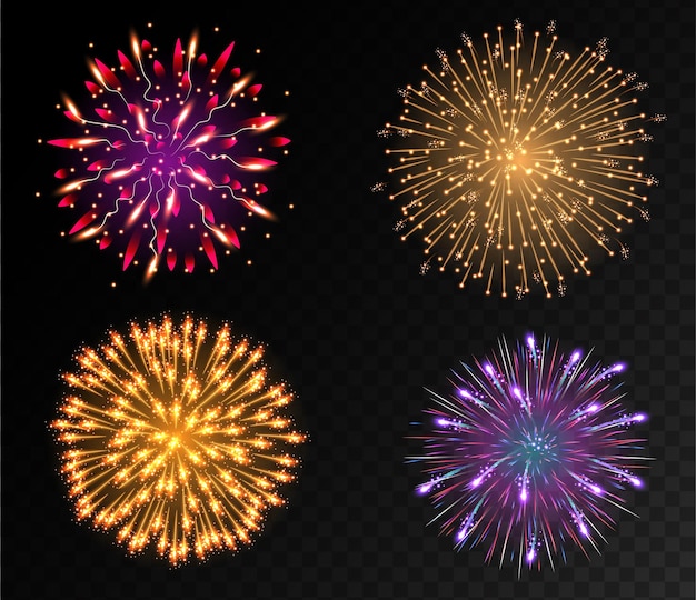 Festive patterned firework bursting in various shapes sparkling pictograms set bright fireworks vect