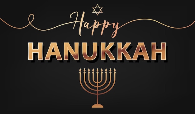 Vector festive picture with golden text happy hanukkah, chandelier and star of david for jewish holiday