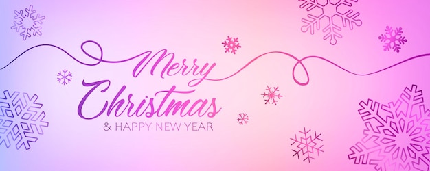 Festive pink and blue banner with text Merry Christmas and Happy New Year and beautiful snowflakes.