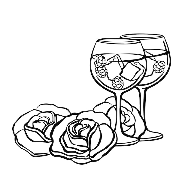 Festive pink champagne with glasses ice and raspberries and roses illustration vector