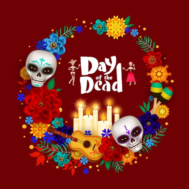 Festive poster for Day of the Dead with sugar skulls