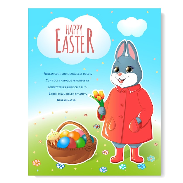 Festive poster for Easter bunny in a red cloak with a basket of painted eggs and tulips