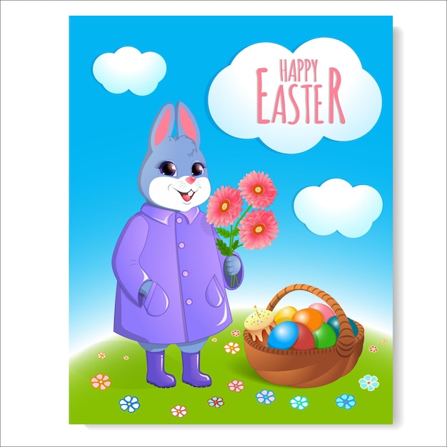 Festive poster for Easter Easter bunny in a purple cloak with a basket of painted eggs and gerberas