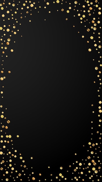 Festive precious confetti. Celebration stars. Sparse gold confetti on black background. Favorable festive overlay template. Vertical vector background.