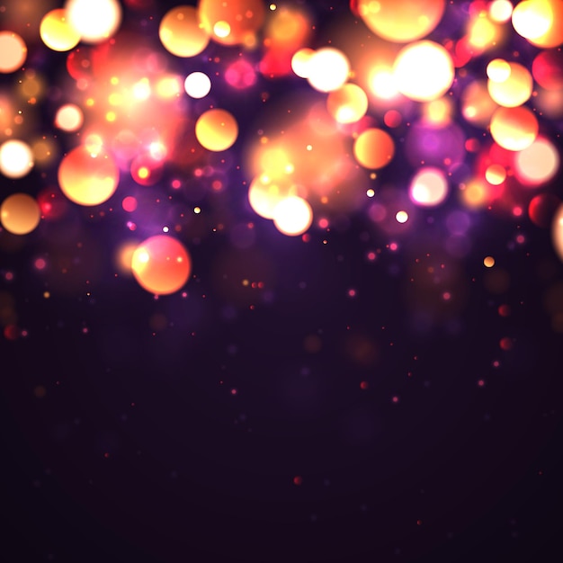 Festive purple and golden luminous background with golden colorful lights bokeh