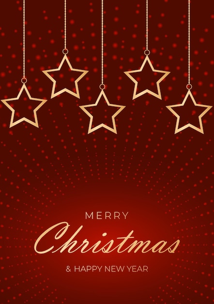 Festive red christmas background with golden stars hanging on chains