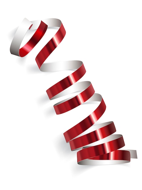 Festive red ribbon on white background. Realistic streamers. Carnival party serpentine decoration for your banner and greating card design.