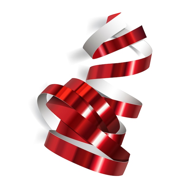 Festive red ribbon on white background. Realistic streamers. Carnival party serpentine decoration for your banner and greating card design.