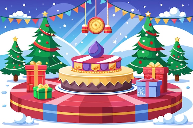 Vector a festive scene featuring a decorated cake gifts and christmas trees