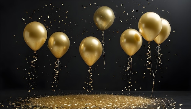 Vector a festive scene with multiple gold balloons floating against a black background accompanied by falling gold confetti and curling ribbons