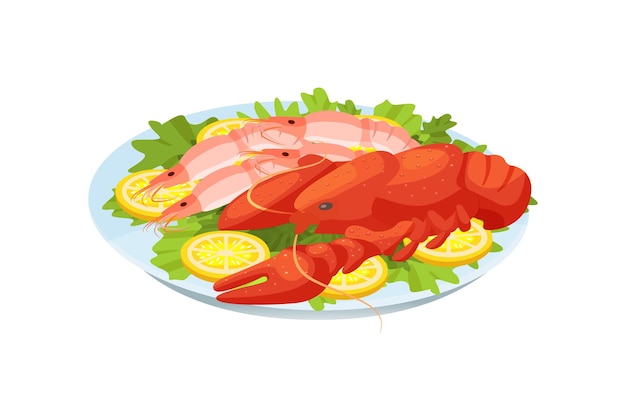 Festive seafood dishes food cooked modern delicacies with a presentation on the plate Delicious dish crayfish and shrimps with greens and lemons Cartoon vector