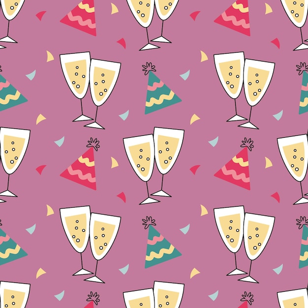 Festive seamless pattern, champagne glasses, party hats and confetti. Festive background, print