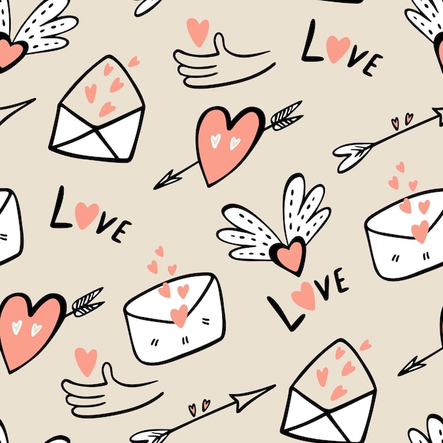 Festive seamless pattern for Valentines Day love symbol design elements in doodle style